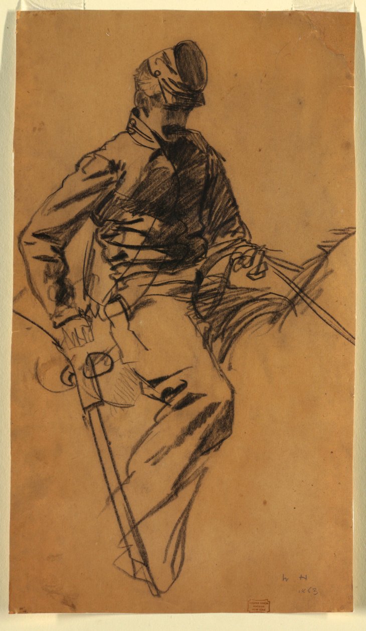 Tegning, kavalerisoldat til hest, 1863 af Winslow Homer