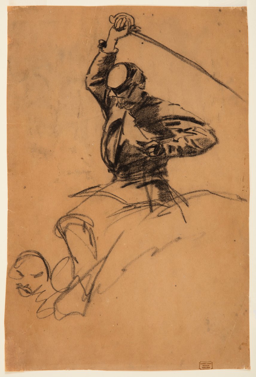 Tegning, kavalerisoldat med sværd på hesteryg, 1863 af Winslow Homer
