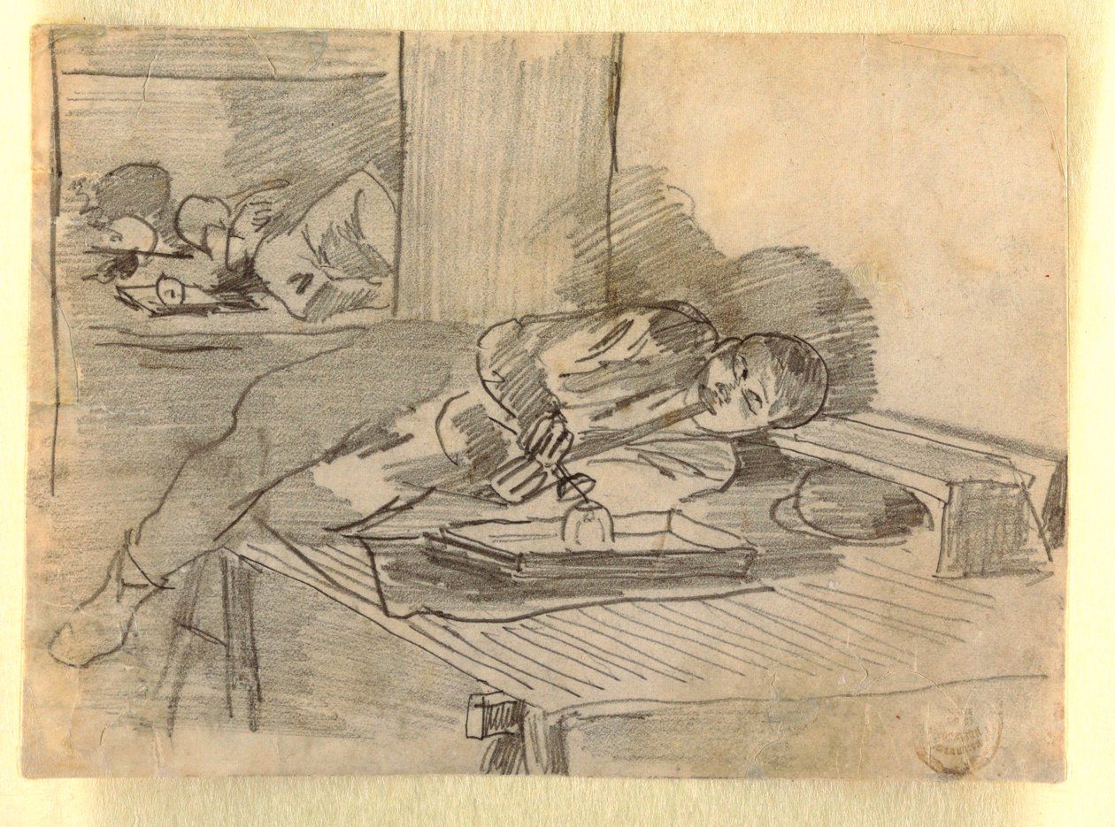 Tegning, kinesisk mand, der ryger opiumspibe, Baxter Street Club House, New York City, ca. 1874 af Winslow Homer