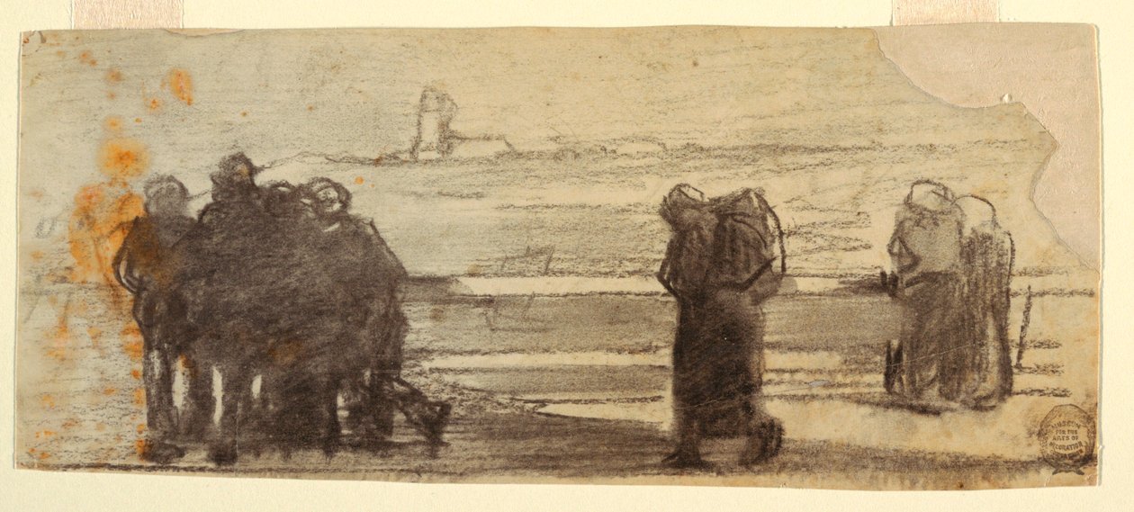 Tegning, Figurer med udsigt over en bugt og en lille båd, Cullercoats, England, 1881-82 af Winslow Homer