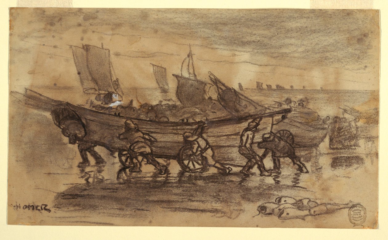 Tegning, fiskere, der strander en dory, Cullercoats, England, 1881 af Winslow Homer