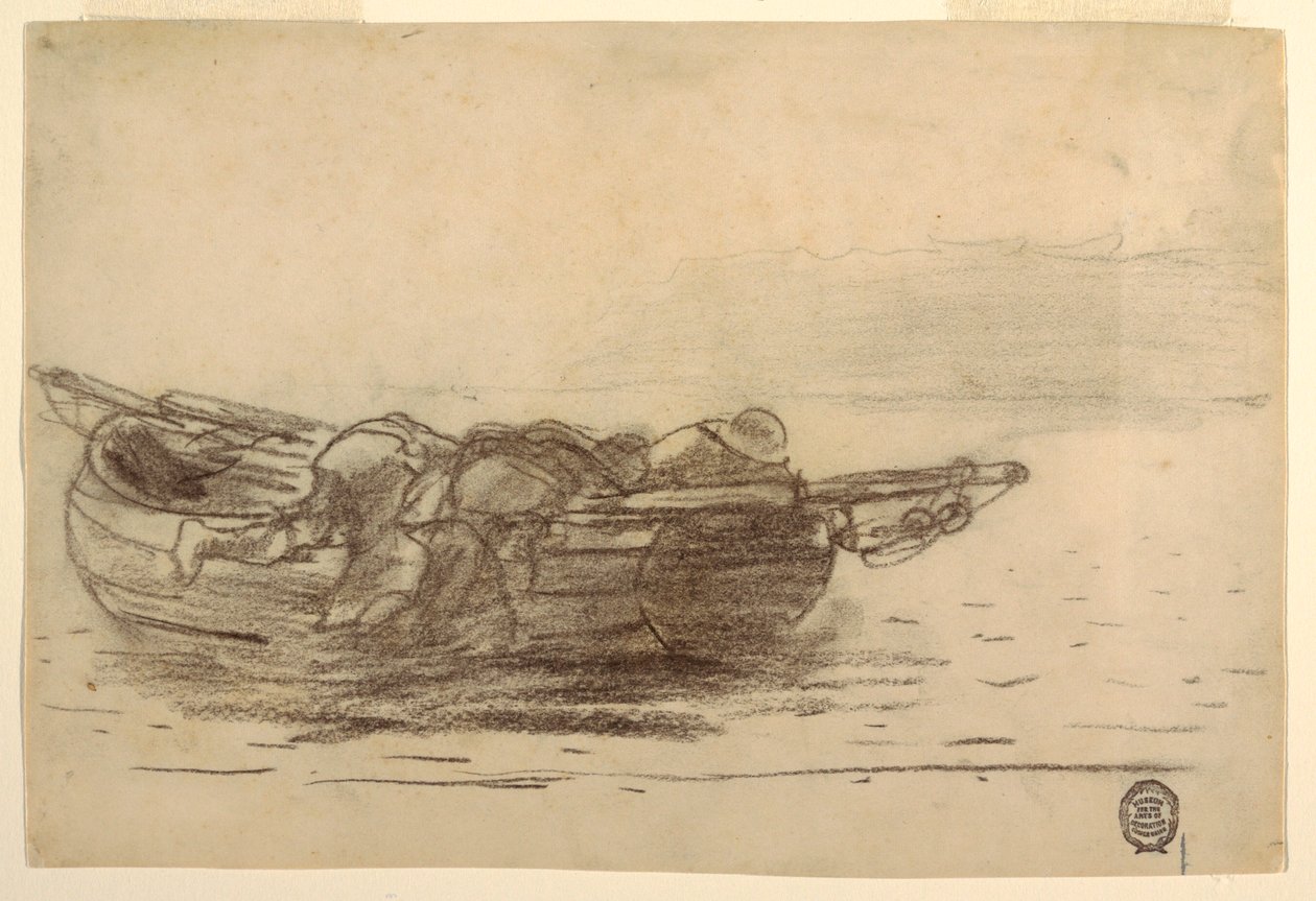 Tegning, fiskere, der klatrer over rælingen, Cullercoats, England, 1881-82 af Winslow Homer
