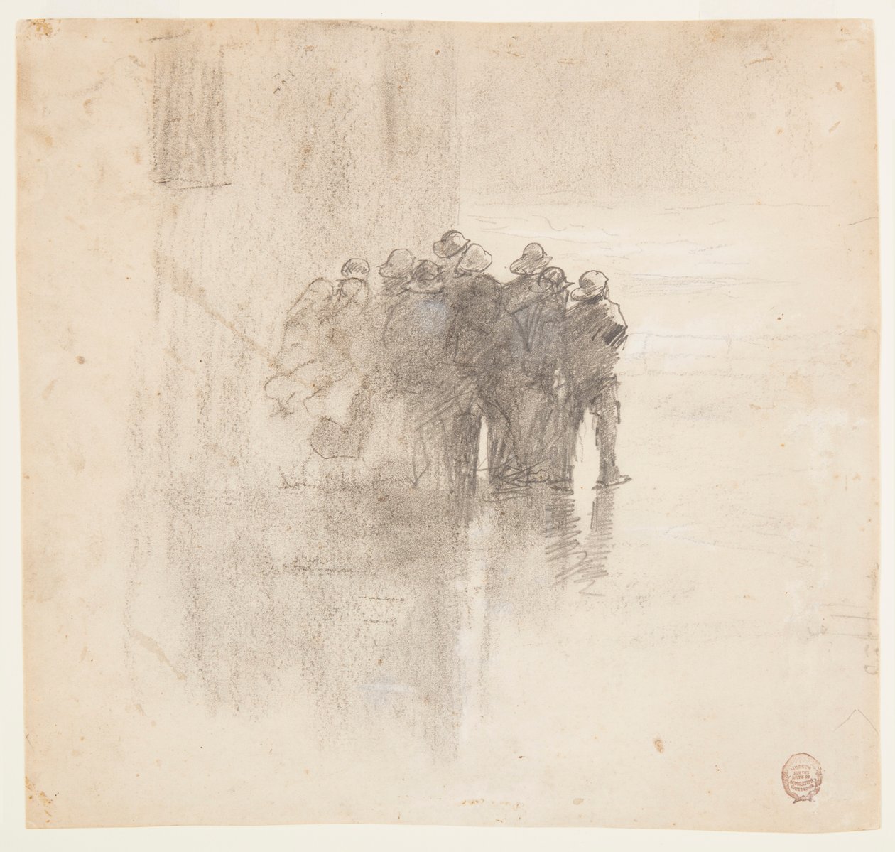 Tegning, fiskere i olieskind, Cullercoats, England, 1881 af Winslow Homer