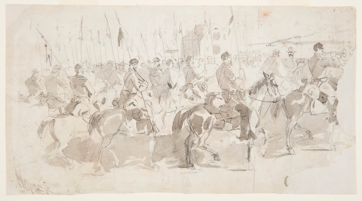 Tegning, general McClellans sjette kavaleriregiment går om bord i Alexandria til Old Point Comfort, 2. april 1862 af Winslow Homer