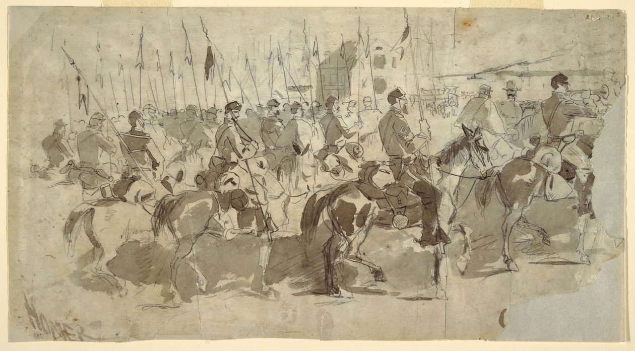 Tegning, general McClellans sjette kavaleriregiment går om bord i Alexandria til Old Point Comfort, 2. april 1862 af Winslow Homer