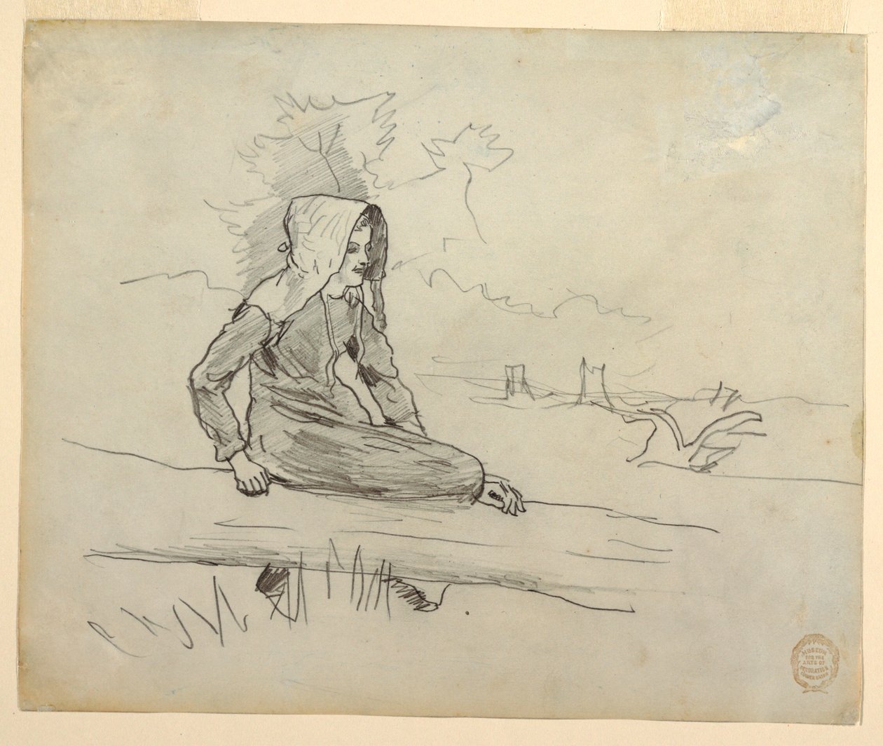Tegning, Pige siddende på en træstamme, 1879 af Winslow Homer