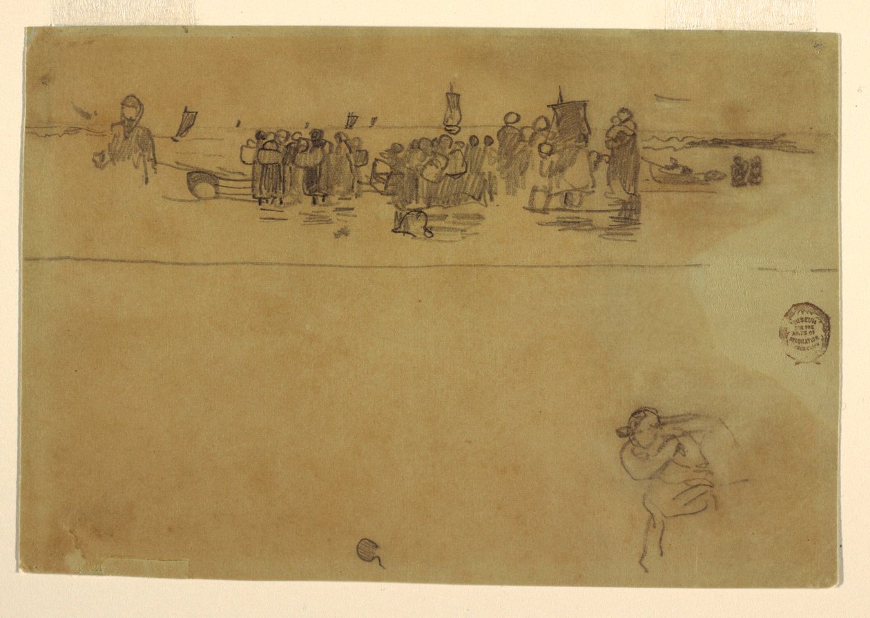 Tegning, grupper af kvinder på stranden, Cullercoats, England, 1881-82 af Winslow Homer