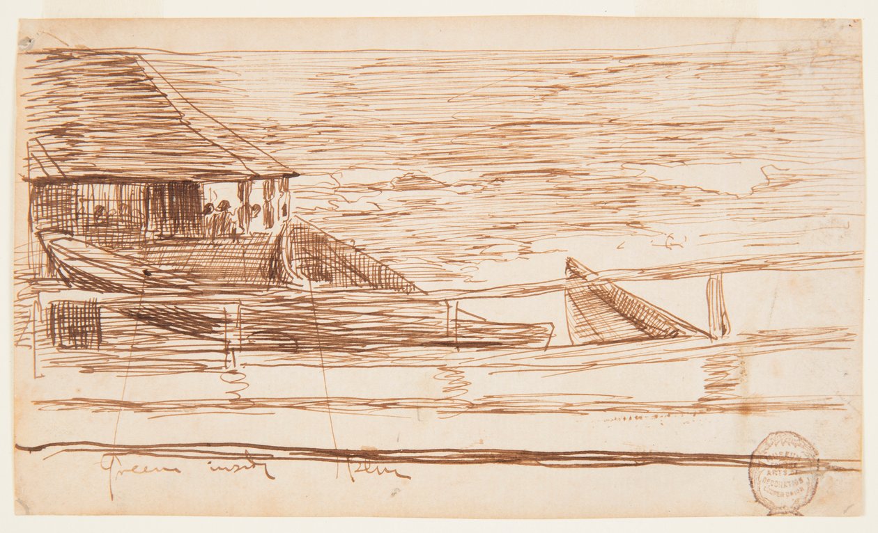 Tegning, Hus ved et rækværk med strandede doryer, Cullercoats, England, 1881 af Winslow Homer