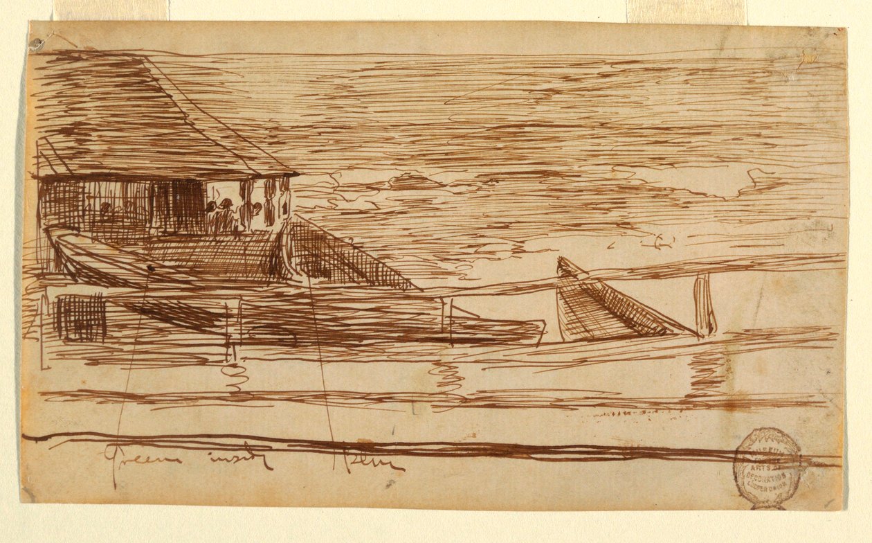 Tegning, Hus ved et rækværk med strandede doryer, Cullercoats, England, 1881 af Winslow Homer