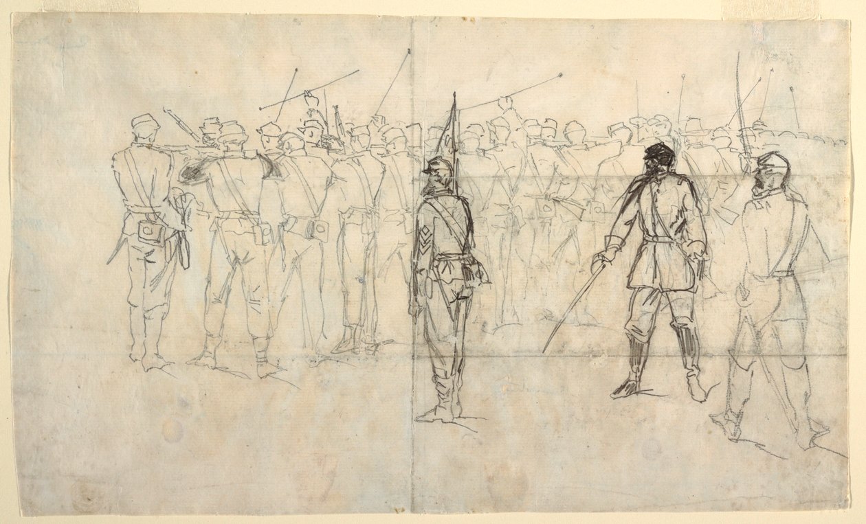 Tegning, Infanteriets riffeløvelse, Sickles Regiment, 1862 af Winslow Homer