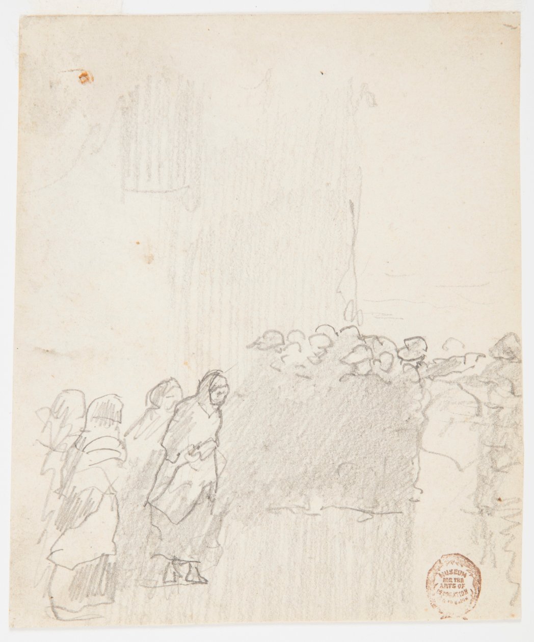 Tegning, Mænd og kvinder kigger ud over havet, Cullercoats, England, 1881 af Winslow Homer