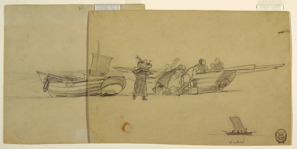 Tegning, mænd og kvinder, der losser en fiskejolle, Cullercoats, England, 1881-82 af Winslow Homer