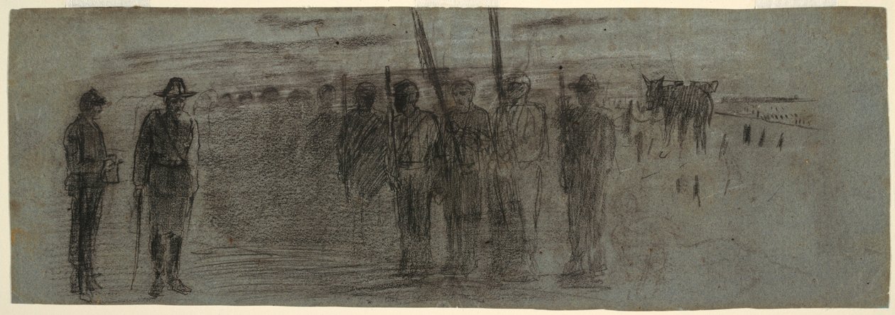 Tegning, officer og hjælper inspicerer en eskadre, muligvis 1864 af Winslow Homer