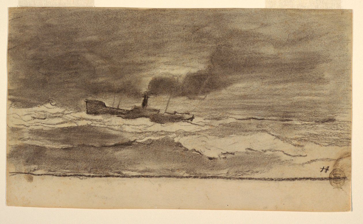 Tegning, havlandskab med fisketrawler, Cullercoats, England, 1881-82 af Winslow Homer