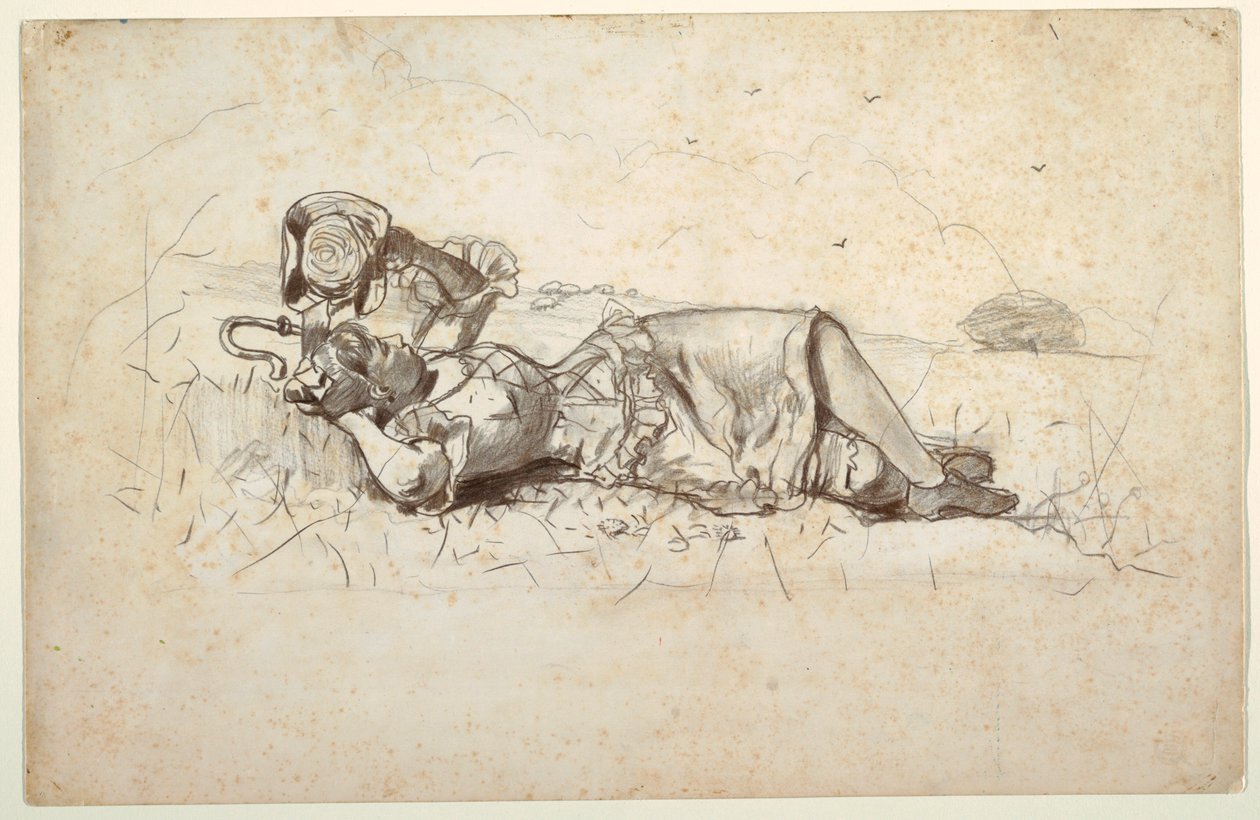 Tegning, hvilende hyrdinde, 1877 af Winslow Homer
