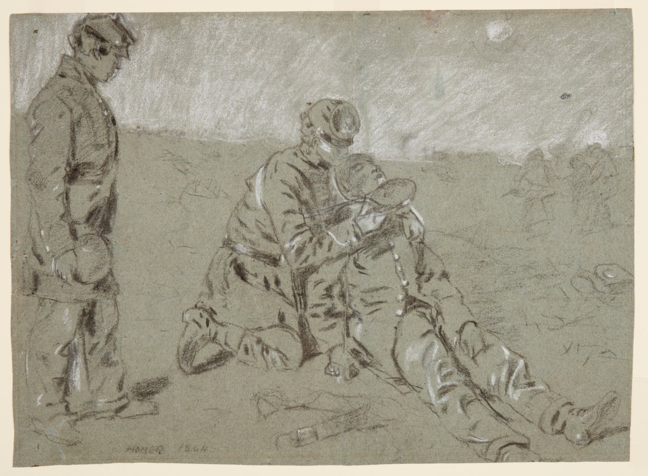 Tegning, soldat giver vand til en såret kammerat, 1864 af Winslow Homer