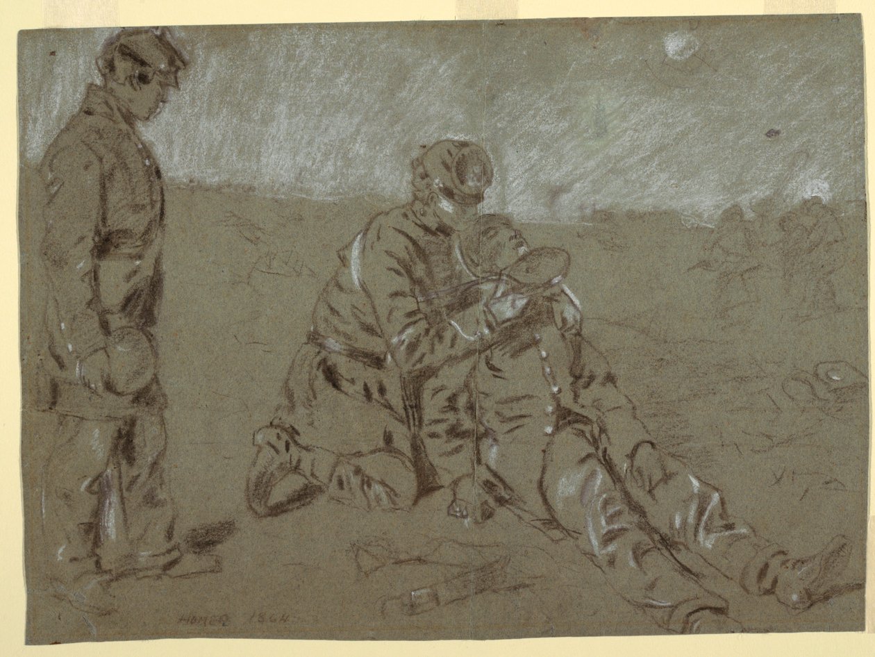 Tegning, soldat giver vand til en såret kammerat, 1864 af Winslow Homer