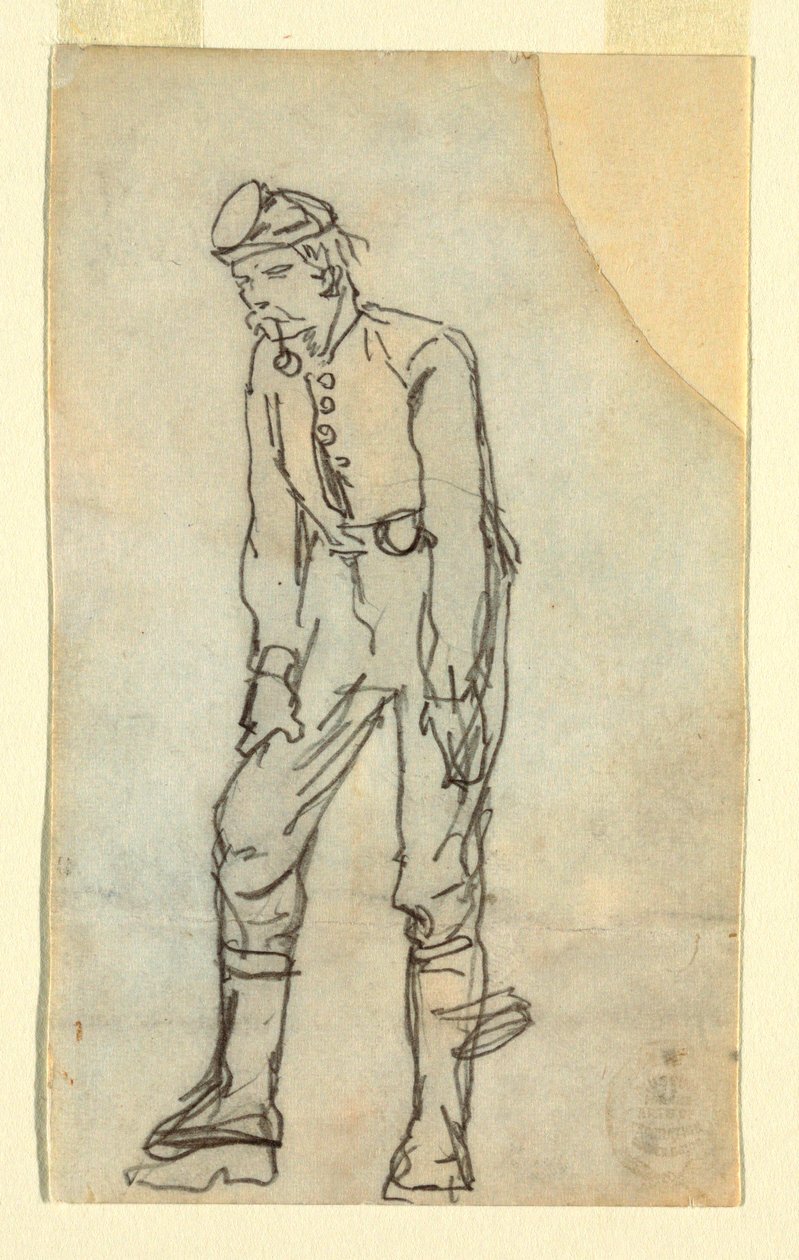 Tegning, soldat med pibe i munden, 1862 af Winslow Homer