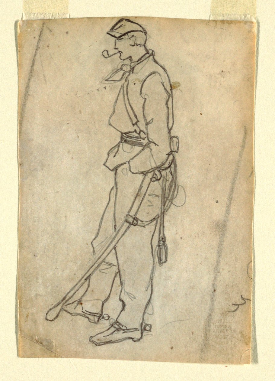 Tegning, Soldat med sværd og pibe, 1862 af Winslow Homer
