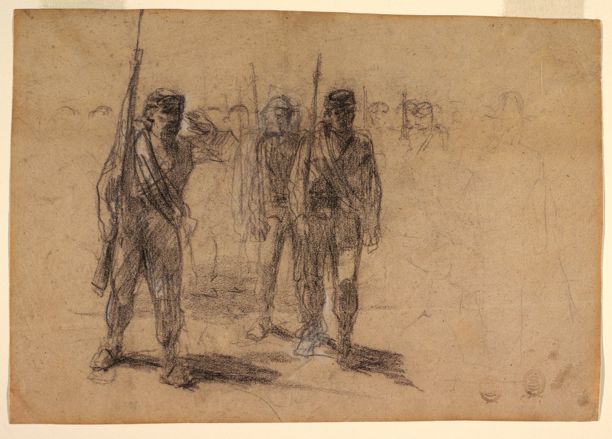 Tegning, soldater i øvelse, sandsynligvis 1864 af Winslow Homer