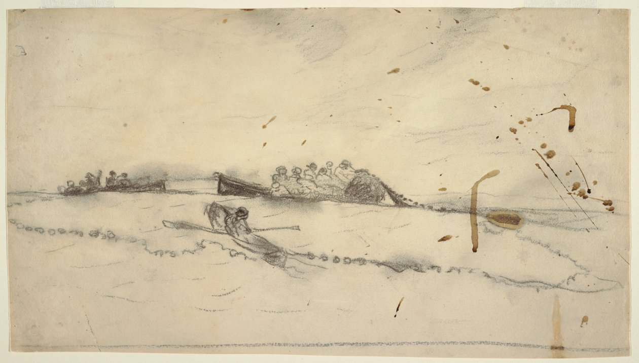 Tegning, Tre både med fiskere, der sætter et net ud, 1881-82 af Winslow Homer