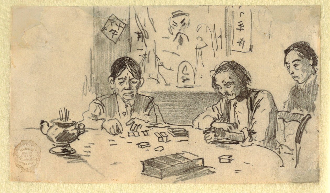 Tegning, Tre kinesiske mænd spiller domino i et klubhus på Baxter Street, New York City, ca. 1874 af Winslow Homer