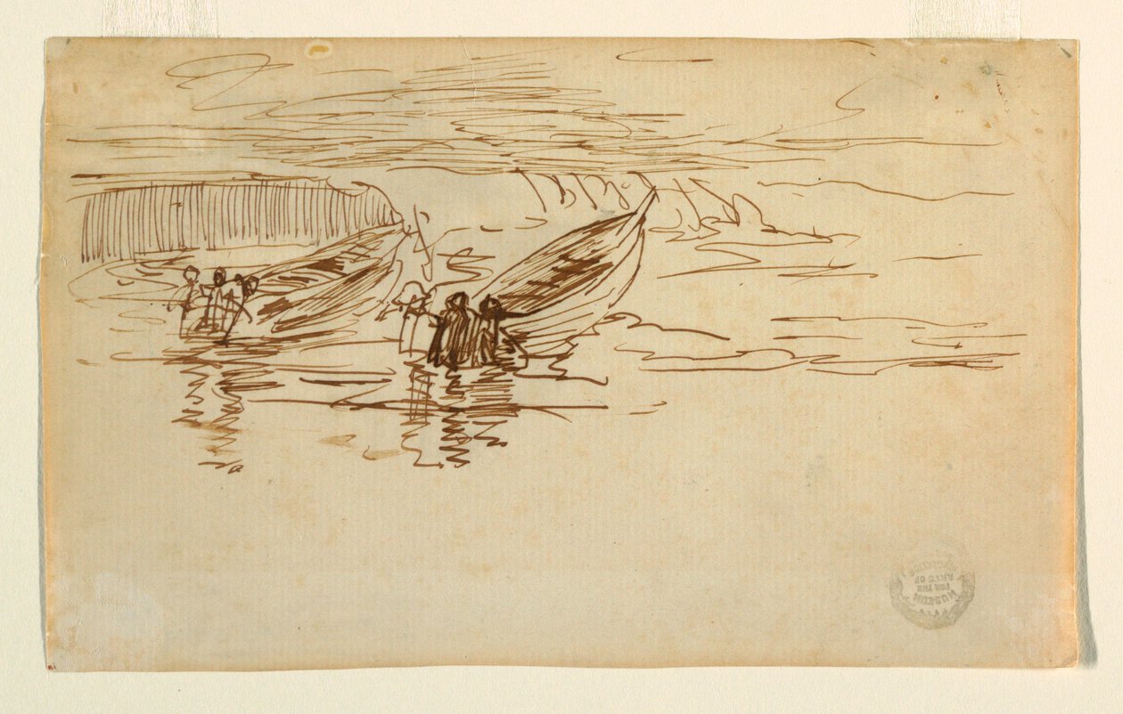 Tegning, to doryer søsættes, England, 1881 af Winslow Homer