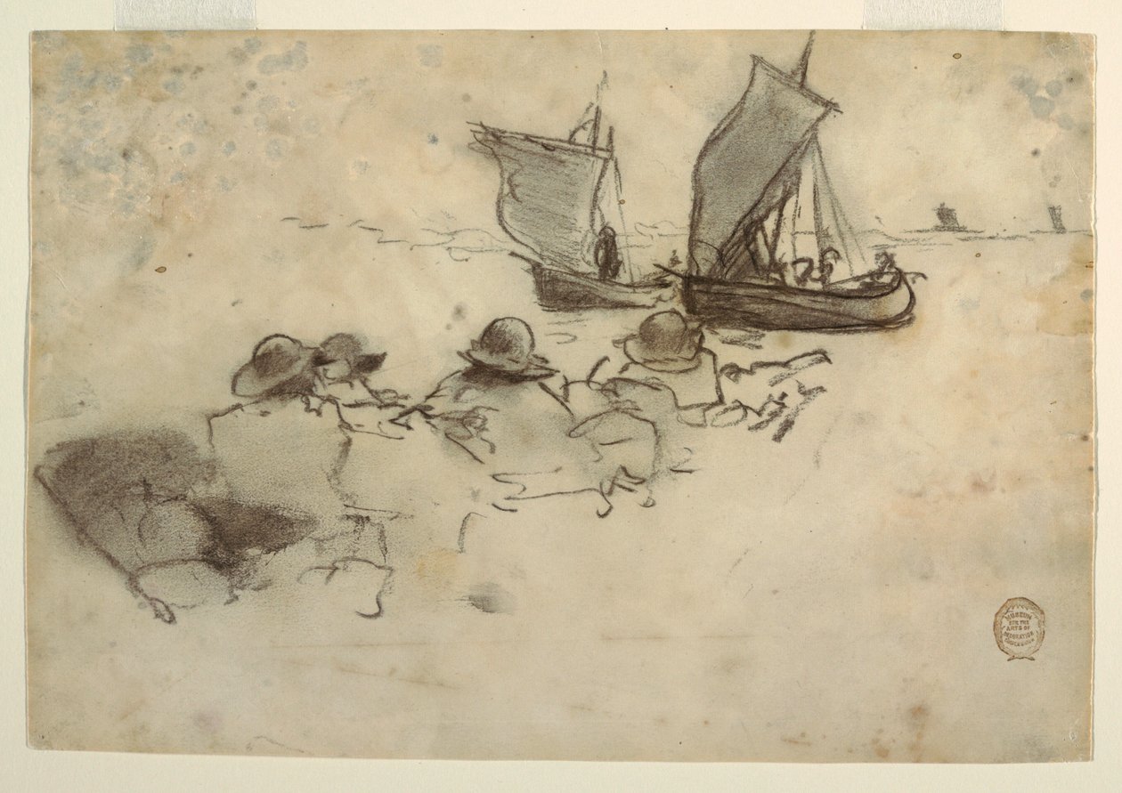 Tegning, To fiskerbåde med sejl, Cullercoats, England, 1881-82 af Winslow Homer