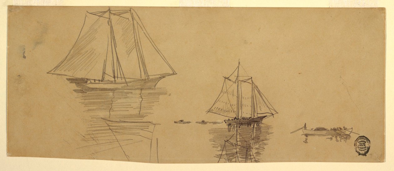 Tegning, To skonnerter og doryer, ca. 1880 af Winslow Homer