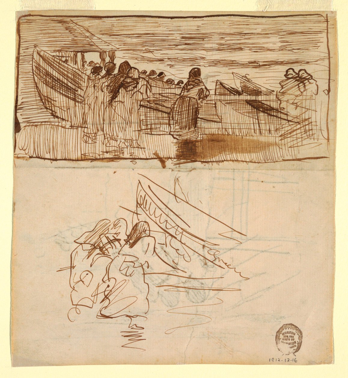Tegning, To studier af kvinder, der ser på søsætning af doryer, Cullercoats, England, 1881 af Winslow Homer