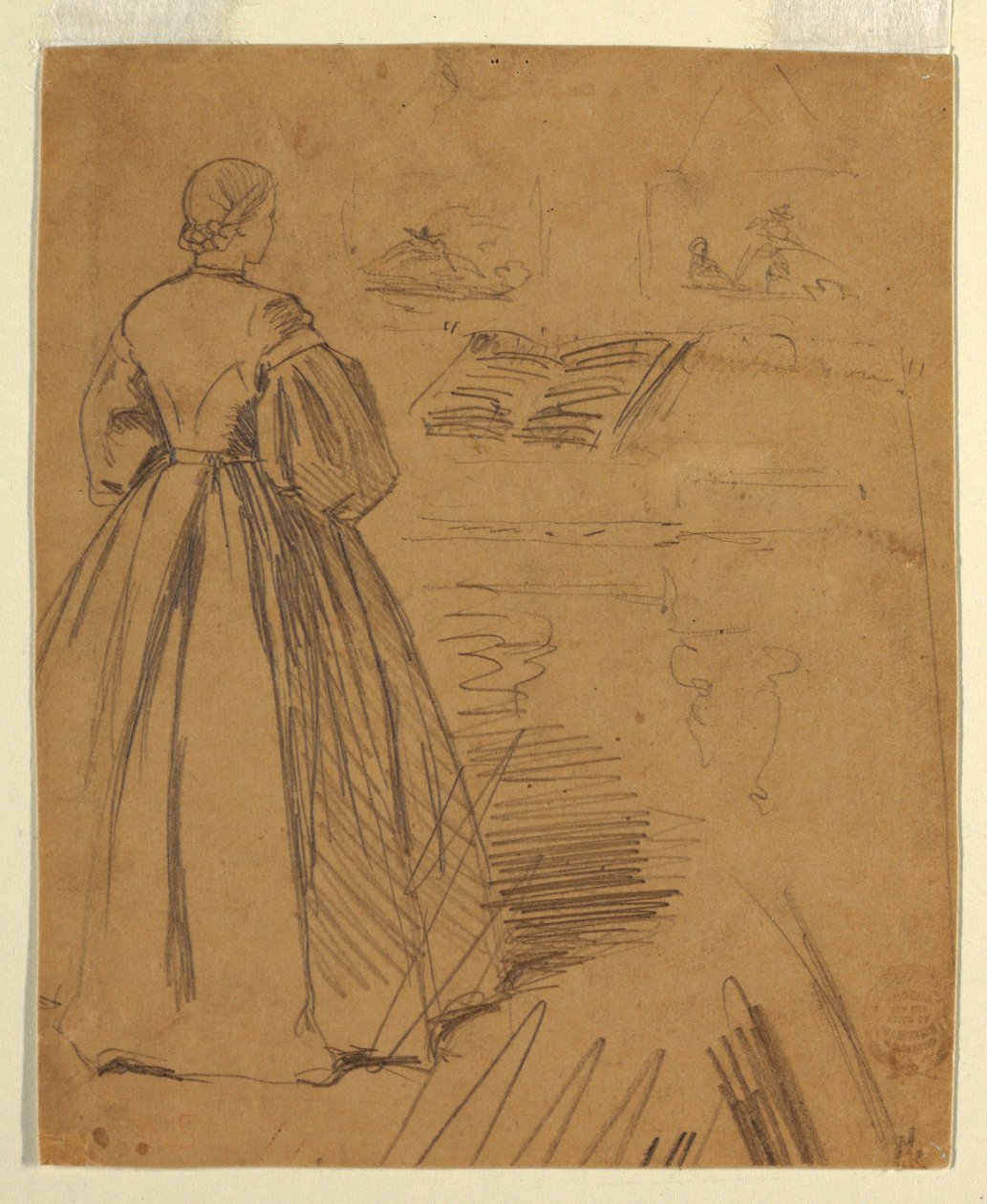 Tegning, Kvinde står foran et klaver, 1862 af Winslow Homer