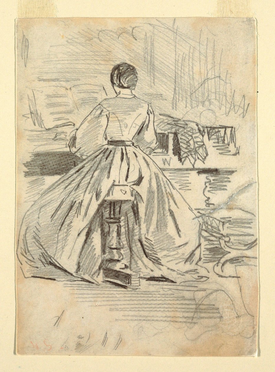 Tegning, kvinde ved klaver, 1862 af Winslow Homer