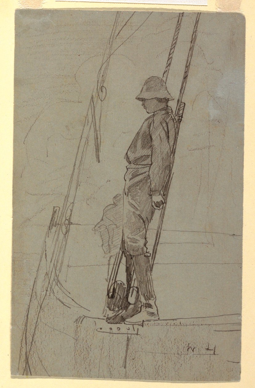 Tegning, Ung mand læner sig op ad sejlbådens rigning, sandsynligvis 1861-62 af Winslow Homer