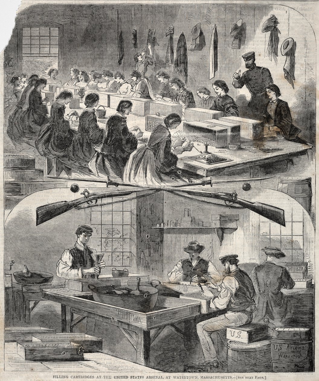 Påfyldning af patroner på det amerikanske arsenal i Watertown, Massachusetts af Winslow Homer