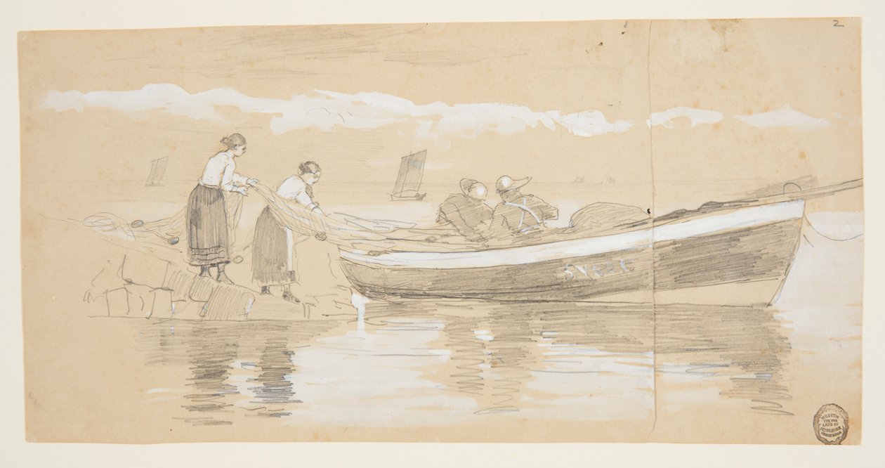 Fisker og kvinder stuvernet i en strandet Dory, Cullercoats, England af Winslow Homer