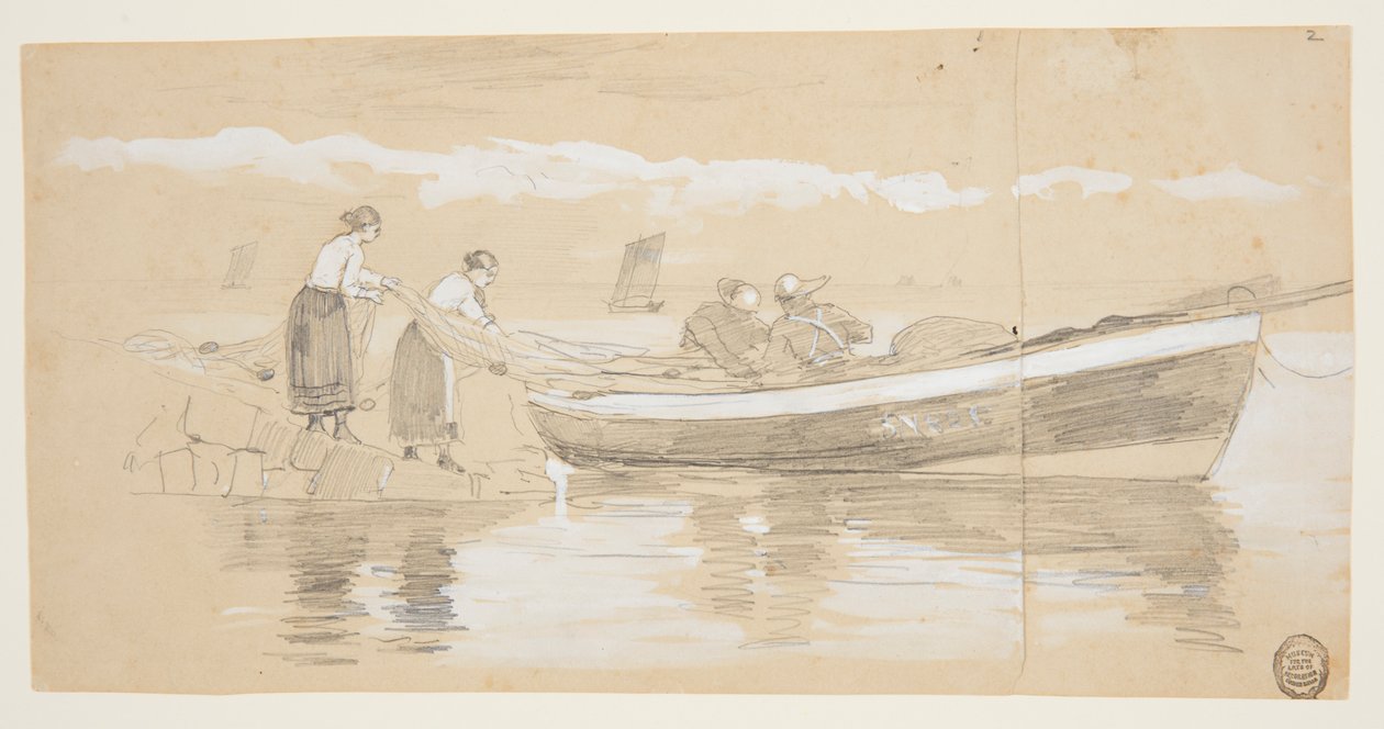 Fisker og kvinder stuvernet i en strandet Dory, Cullercoats, England af Winslow Homer