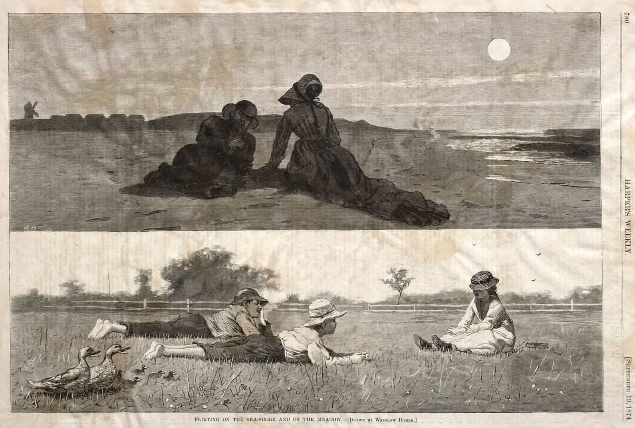 Flirt på stranden og på engen af Winslow Homer
