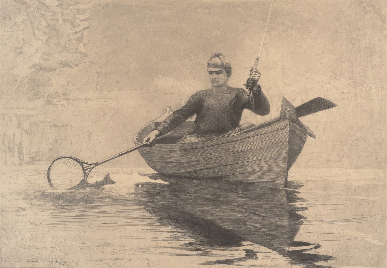 Fluefiskeri, Saranac Lake, 1889. af Winslow Homer