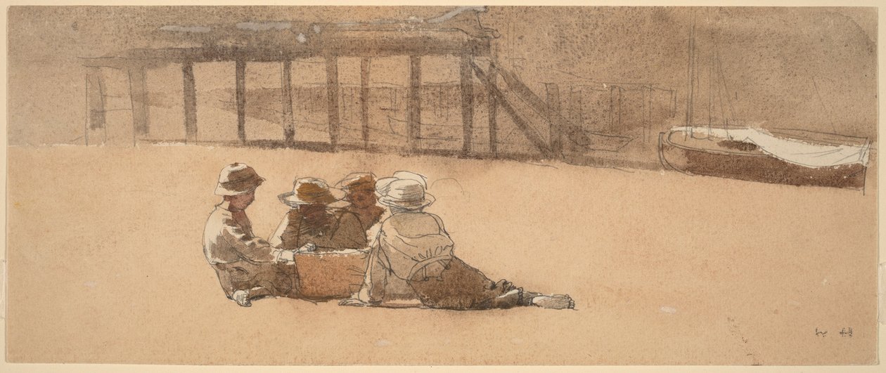 Fire drenge på en strand af Winslow Homer