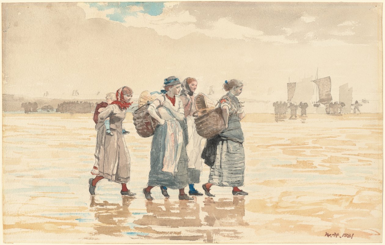 Fire fiskefruer på stranden, 1881. af Winslow Homer
