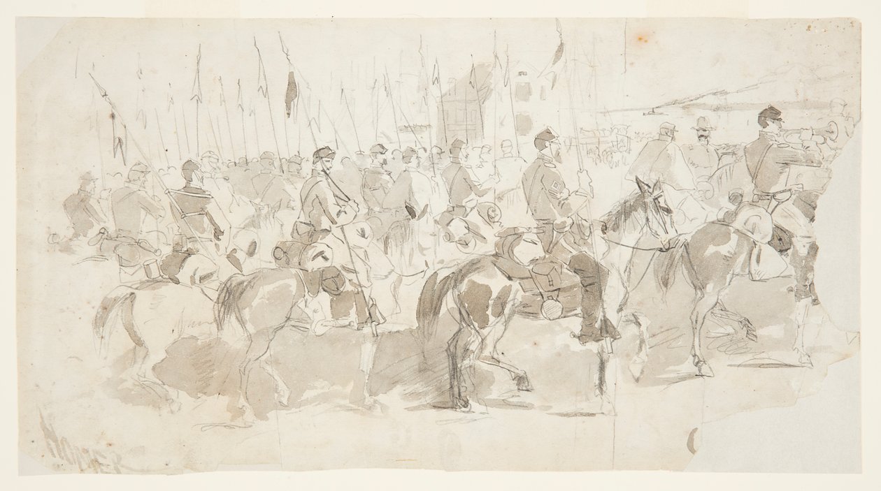 General McClellans sjette kavaleriregiment, går om bord i Alexandria for Old Point Comfort af Winslow Homer