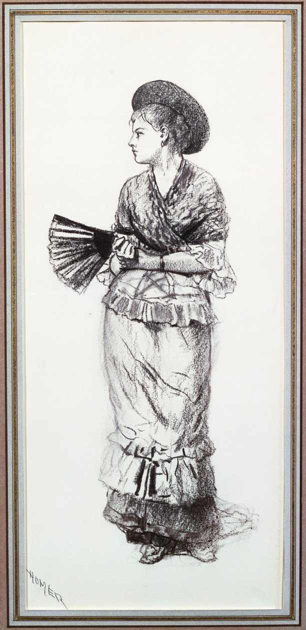 Pige med vifte (kul på papir) af Winslow Homer