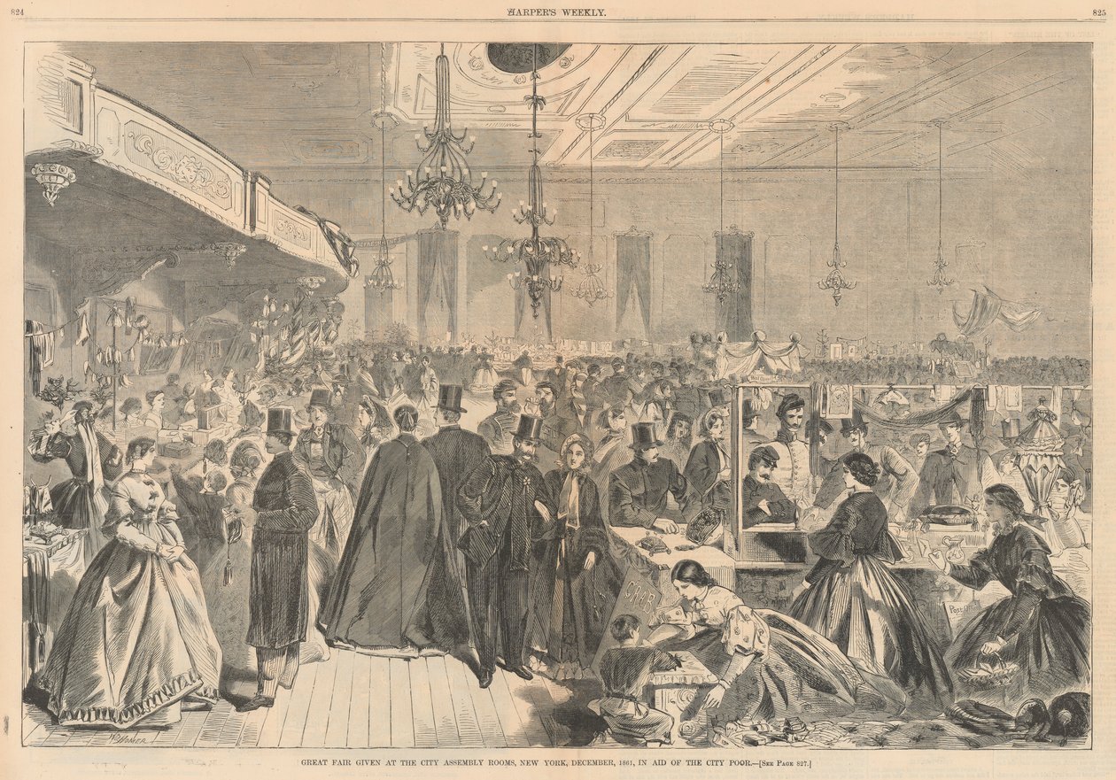 Stor messe givet i byens forsamlingslokaler, New York, december 1861, til hjælp for byens fattige; fra Harper af Winslow Homer