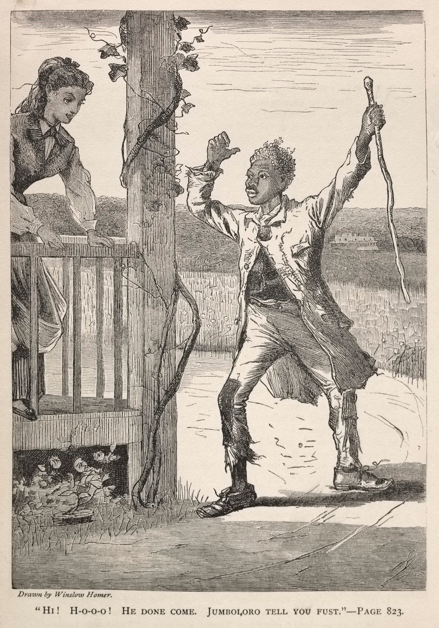 "Hej! H-O-O-O!  Han er kommet.  Jumboloro fortæller dig det først." af Winslow Homer
