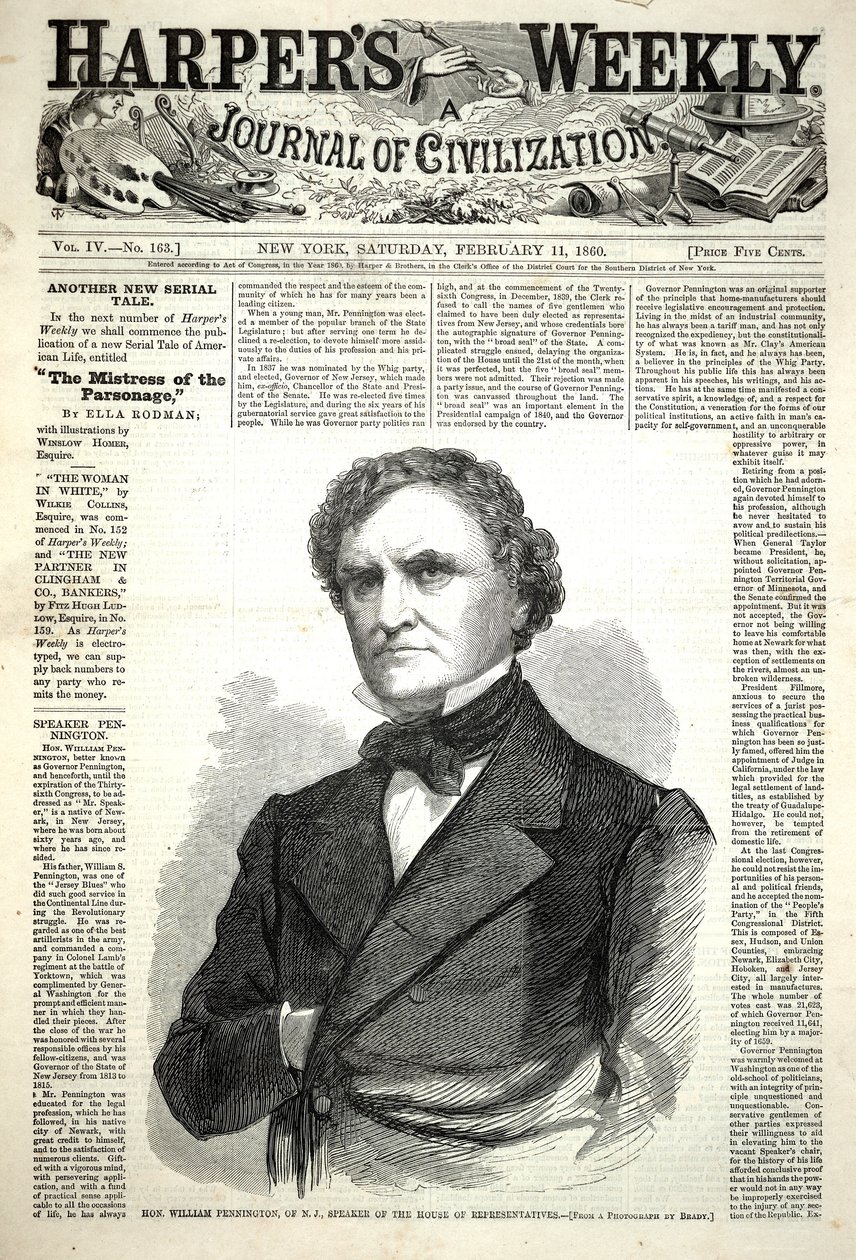 William Pennington fra New Jersey, formand for Repræsentanternes Hus, fra Harper’s Weekly, 11. februar 1860 af Winslow Homer