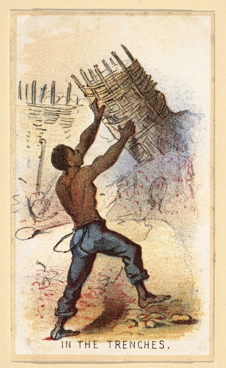 In The Trenches fra en serie af samlerkort kaldet Life in Camp, pub. 1864 (farve litho) af Winslow Homer