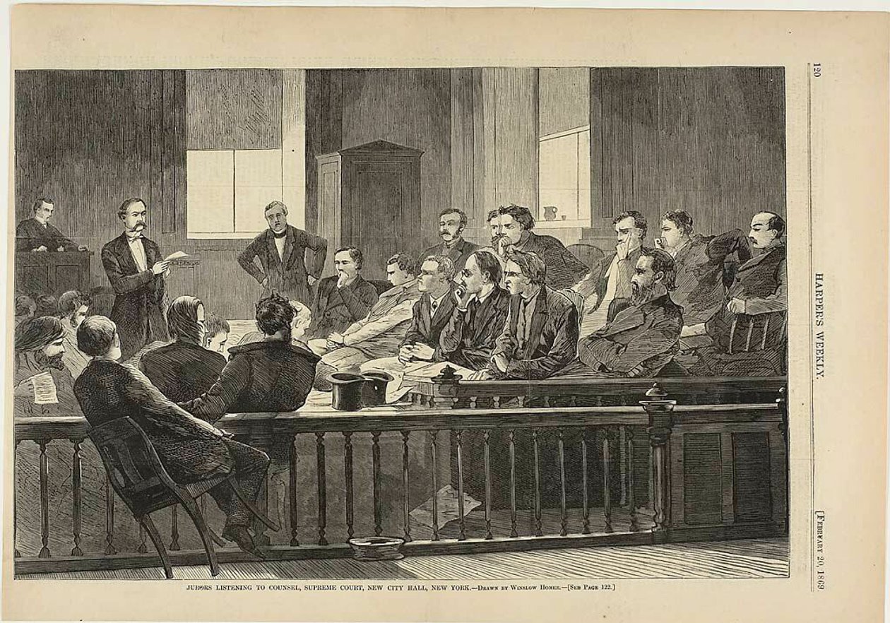 Jurymedlemmer lytter til advokater, højesteret, New City Hall, New York af Winslow Homer