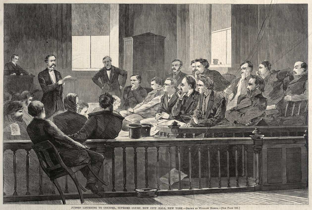 Jurymedlemmer lytter til advokaterne, Højesteret, det nye rådhus, New York af Winslow Homer