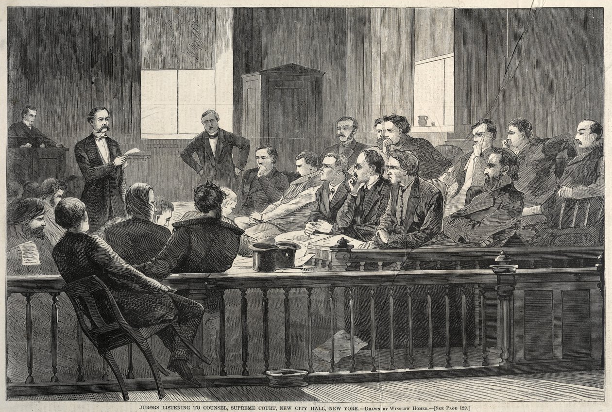 Nævninge lytter til advokat, Højesteret, New City Hall, New York, 1869. af Winslow Homer