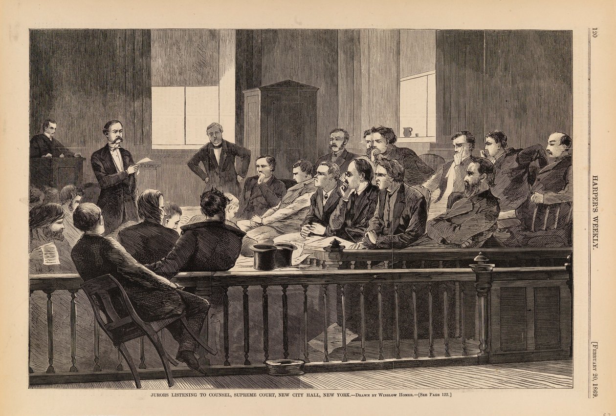 Jurymedlemmer lytter til advokater, højesteret, New City Hall, New York, fra Harper